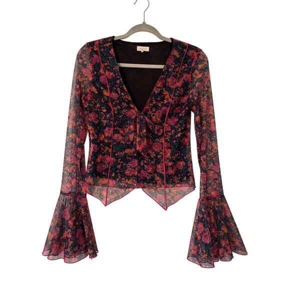 Promesa Fabulous Flowers Floral-Print Mesh Bell-Sleeve Top Sheer V-Neck Tie-Fron - Picture 16 of 16